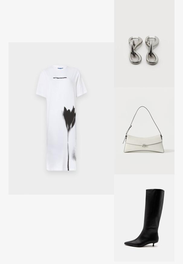 Vestido blanco de camiseta con un diseño de flor pintada en spray negro. Logo "karl lagerfeld jeans" en negro, cuello redondo, mangas cortas.; Bota alta de cuero negro hasta la rodilla con puntera puntiaguda y tacón bajo tipo kitten sobre un fondo claro y liso.; Bolso de hombro de cuero blanco con solapa curvada, borde negro, correa ajustable y cierre decorativo plateado sobre un fondo liso.; Par de pendientes de metal con acabado plateado y diseño abstracto de bucles entrelazados sobre un fondo blanco.