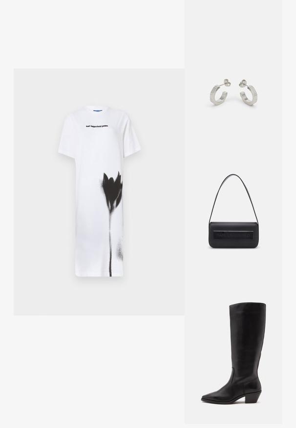 Witte t-shirt jurk met een zwart spray-geverfd bloemenontwerp. Weergegeven logo "karl lagerfeld jeans" in zwart, ronde halslijn, korte mouwen.; Zwarte leren laars tot half op de kuit met een puntige neus en een lage schuine hak op een effen lichte achtergrond.; Zwarte leren handtas met een enkele schouderband, rechthoekige vorm, voorzien van een textuurpaneel met het geperste logo "KARL LAGERFELD" aan de voorkant.; Zilveren metalen hoepel oorbellen met een gestructureerd ontwerp, voorzien van een kleine post achter en branding op een van de hoepels. Ronde vorm met een gepolijste afwerking.