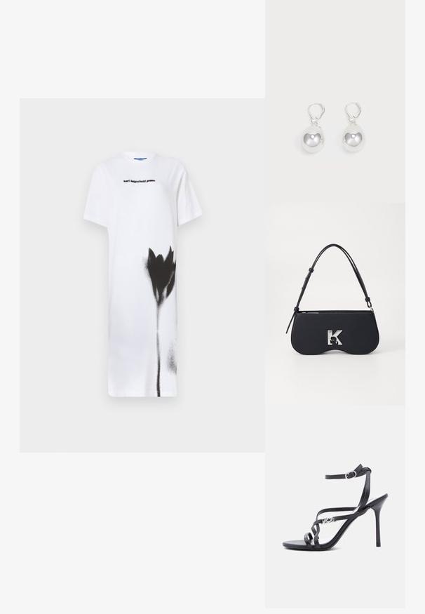 Vestido blanco de camiseta con un diseño de flor pintada en spray negro. Logo "karl lagerfeld jeans" en negro, cuello redondo, mangas cortas.; Sandalia negra de tacón alto con tiras finas, hebilla en el tobillo y detalle de logo metálico en la tira lateral, sobre un fondo blanco.; Bolso negro con forma curva, material texturizado, logotipo plateado y una correa delgada. Cierre superior con cremallera y características de diseño minimalista.; Pendientes de plata en forma de gota con superficies redondas y reflectantes colgando de cierres de palanca. El fondo es blanco liso.