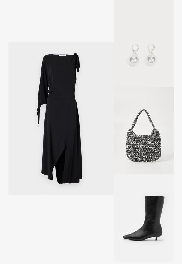 Schwarzes Wickelkleid mit einem langen Ärmel und Knotendetail an der Schulter. Verfügt über einen asymmetrischen Saum und eine glatte Stoffstruktur.; Schwarze Leder-Ankle-Boots mit spitzem Absatz, figurbetonter Silhouette und niedrigem, konischem Absatz. Glatte Textur, minimalistisches Design.; Gewebte Handtasche in Schwarz und Weiß mit runder Form, strukturiertem Oberflächenfinish und geflochtener Grifffläche. Geeignet für den lässigen Gebrauch.; Silberne Tropfenohrringe mit glatten, runden, reflektierenden Oberflächen, die an Hakenverschlüssen hängen. Der Hintergrund ist reinweiß.