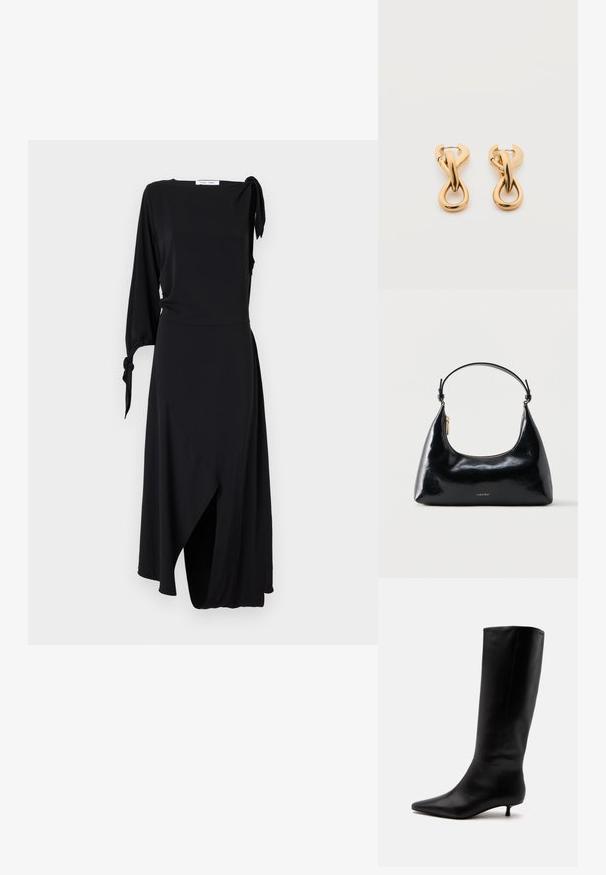 Schwarzes Wickelkleid mit einem langen Ärmel und Knotendetail an der Schulter. Verfügt über einen asymmetrischen Saum und eine glatte Stoffstruktur.; Schwarzer kniehoher Lederstiefel mit spitz zulaufender Schuhspitze und niedrigem Kittenabsatz vor einem schlichten hellen Hintergrund.; Schwarze, glänzende Calvin Klein Handtasche mit goldfarbenem Reißverschluss und kurzem Trageriemen vor schlichtem weißem Hintergrund.; Paar glänzende goldfarbene Creolen mit verschlungenem, verdrehtem Design auf schlichten weißem Hintergrund.