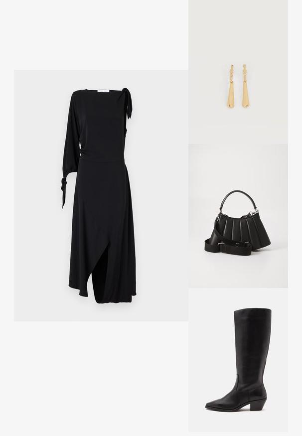 Robe noire portefeuille avec une manche longue et un détail en nœud à l'épaule. Présente un ourlet asymétrique et une texture de tissu lisse.; Botte en cuir noire mi-mollet avec un bout pointu et un talon bas incliné sur un fond clair uni.; Sac à main plissé noir avec une poignée arrondie, une bandoulière réglable et une texture brillante. Présente des accessoires en argent et une silhouette structurée.; Boucles d'oreilles pendantes en ton or avec des pendentifs lisses en forme de goutte allongée suspendus à de petites attaches en forme d'anneau sur un fond blanc.