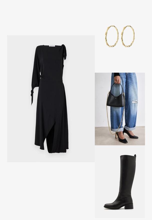 Schwarzes Wickelkleid mit einem langen Ärmel und Knotendetail an der Schulter. Verfügt über einen asymmetrischen Saum und eine glatte Stoffstruktur.; Schwarze kniehohe Stiefel aus glattem Leder mit Blockabsatz, runder Spitze und einem eleganten, schlichten Design.; Schwarze Lederhandtasche mit geschwungener Form, kurzem Griff und goldener Kettenriemen. Getragen mit abgenutzter blauer Jeans und schwarzen High Heels.; Goldene Creolen mit einem strukturierten, organischen Design, das eine leicht gedrehte Form und unregelmäßige Oberflächendetails aufweist.