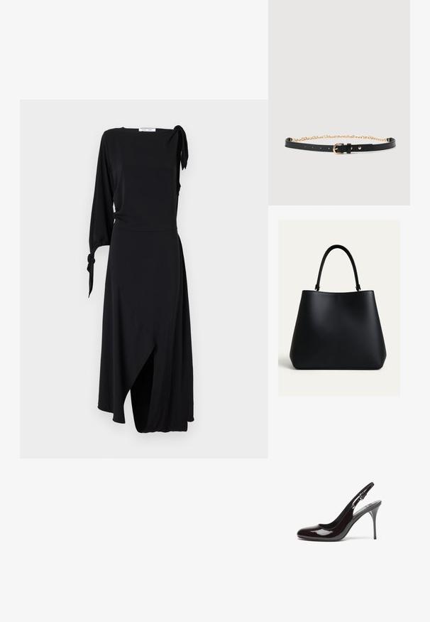 Schwarzes Wickelkleid mit einem langen Ärmel und Knotendetail an der Schulter. Verfügt über einen asymmetrischen Saum und eine glatte Stoffstruktur.; Burgunderfarbene Lackleder-Peeptoe-Pumps mit abgerundeter Spitze, schmalem hohen Absatz und verstellbarem Riemen. Glatte Textur mit glänzendem Finish.; Schwarze Lederhandtasche mit abgerundeter trapezförmiger Form und einem einzelnen geschwungenen Schulterriemen, dargestellt vor einem schlichten hellen Hintergrund.; Schwarzer Ledergürtel mit einem goldenen Metallkettendetail, ausgestattet mit einem Schnallenverschluss und mehreren Anpassungslöchern. Glatte Oberfläche und minimalistisches Design.