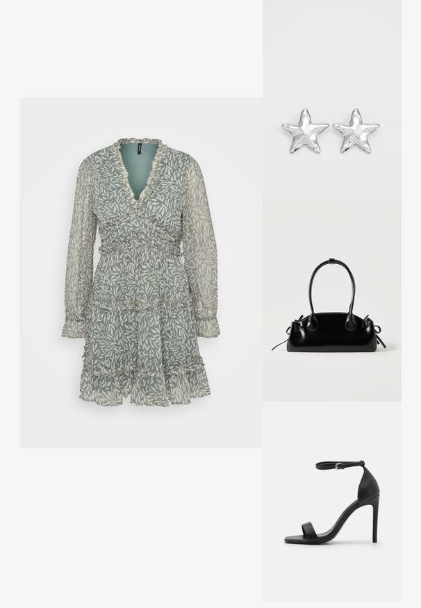 Vestido de flores verdes con escote en V, volantes, mangas largas y capas, hecho de una tela ligera y transparente.; Sandalia de tacón alto negra con un diseño elegante, que cuenta con una correa en el tobillo, punta abierta y una textura de cuero suave.; Pequeño bolso negro brillante con dos asas largas y detalles de cordón lateral sobre un fondo claro liso.; Pendientes en forma de estrella plateada con una superficie pulida y brillante. Cada pendiente presenta cinco puntas y sutiles detalles de textura en la superficie.