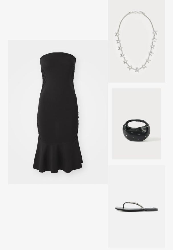 Vestido negro sin tirantes con un corpiño ajustado, textura fruncida en los costados y un dobladillo acampanado. Hecho de tela elástica para mayor comodidad.; Sandalia de dedo plana negra con tira fina adornada con pedrería transparente, mostrada sobre un fondo liso gris claro.; Bolso de mano de cuero negro con forma redondeada, decorado con detalles de tachuelas plateadas y un asa corta. Textura lisa y cierre con cremallera.; Collar de cadena de plata con once charms en forma de estrella, cada uno con una gema central clara, y un cierre ajustable.