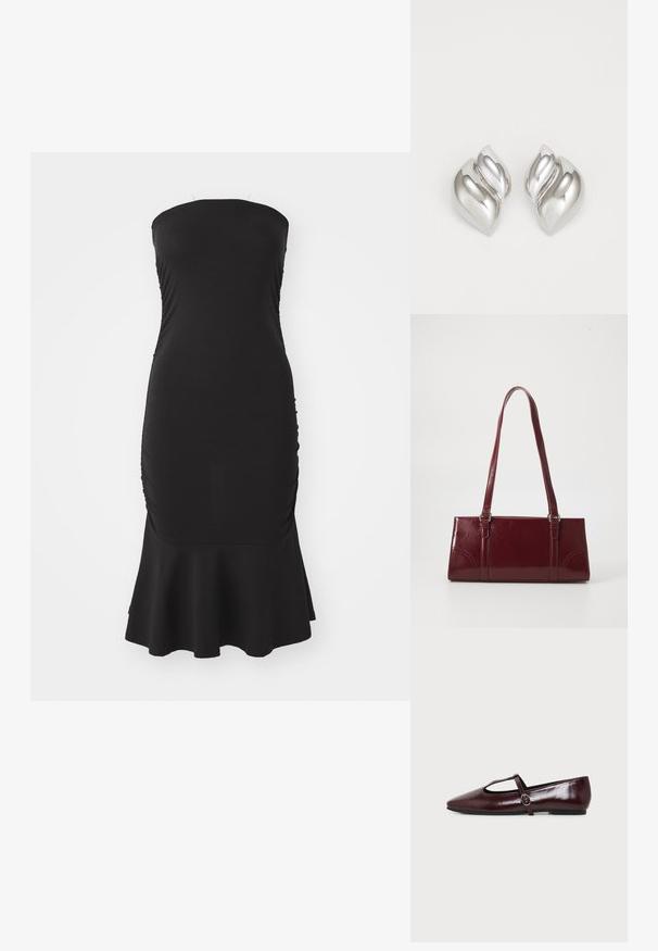 Vestido negro sin tirantes con un corpiño ajustado, textura fruncida en los costados y un dobladillo acampanado. Hecho de tela elástica para mayor comodidad.; Zapato plano de cuero burdeos oscuro con punta puntiaguda y una fina tira en forma de T con hebilla plateada sobre un fondo blanco.; Bolso burdeos hecho de material brillante, de forma rectangular, con dos asas para el hombro y sutiles acentos curvados en la parte frontal.; Pendientes de plata con una forma orgánica y abstracta. Superficie lisa y brillante con un diseño cónico. Presentan suaves curvas y un detalle de línea central.