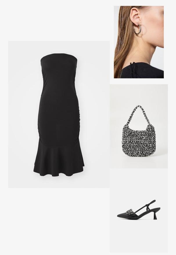 Vestido negro sin tirantes con un corpiño ajustado, textura fruncida en los costados y un dobladillo acampanado. Hecho de tela elástica para mayor comodidad.; Simmi London DALA - Tacones - black; Bolso de mano tejido en blanco y negro con forma redondeada, superficie texturizada y asa trenzada. Adecuado para uso casual.; Pendiente de aro de plata con un acabado pulido, que presenta pequeños detalles en dorado y una forma redonda, llevado en el lóbulo.