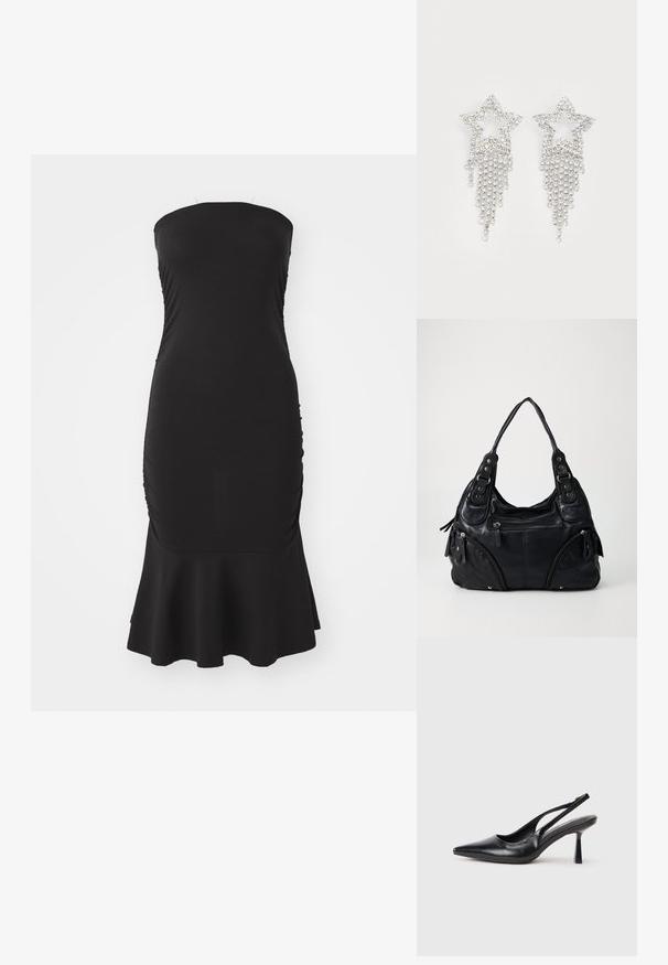 Zwarte, strapless jurk met een aansluitend lijfje, geplooide textuur aan de zijkanten en een uitlopende zoom. Gemaakt van rekbare stof voor comfort.; Zwarte leren slingback hoge hak schoenen met puntige neus en slanke hak op een witte achtergrond.; Zwarte leren handtas met dubbele handvatten, voorzakken met rits en details van metalen klinknagels, tegen een effen lichte achtergrond.; Rhinestone ster oorbellen met waterval franje, in een zilverkleurige tint en een glanzend, reflecterend oppervlak. Stervorm met ingewikkeld ontwerp.