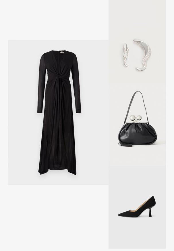 Vestido negro de manga larga con detalle de nudo en el frente y tejido fluido. Presenta un escote en V profundo y un dobladillo gradual para un caído elegante.; Zapato de tacón alto de ante negro con punta afilada, que cuenta con un tacón de bloque negro brillante y un forro interior suave.; Bolso de mano de cuero negro con diseño fruncido, una sola correa, marco metálico plateado y dos cierres grandes redondos de plata.; Dos pendientes de plata curvados, uno más grande que el otro, ambos adornados con pequeños cristales brillantes a lo largo de un borde.