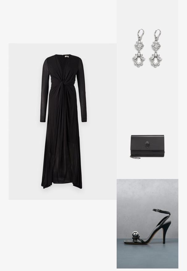 Robe noire à manches longues avec un détail de devant noué et un tissu fluide. Présente un décolleté en V profond et un ourlet progressif pour un drapé élégant.; Sandale noire à talon haut avec bride à la cheville et boule décorative argentée métallique sur surface carrelée en bois à l'extérieur, avec un arrière-plan flou de verdure et de mur.; Sac à main noir en forme rectangulaire, surface texturée, emblème métallique décoratif et bandoulière en chaîne argentée. Présente un design plissé.; Boucles d'oreilles en métal argenté ornées de plusieurs pierres précieuses en cristal transparent en forme de goutte et de marquise, avec des fermoirs à levier et des détails complexes.