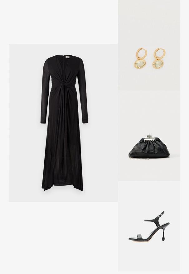 Must have pikkade varrukatega must kleit, millel on sõlme eesmine detail ja voolav kangas. Omab sügavat V-dekolteed ja järkjärgulist ääret, mis loob elegantse langevuse.; Mustast nahast kõrge kontsaga sandaal peente rihmade ja avatud varbaga, reguleeritava pahkluu pandlaga, esitatud valgel taustal.; Mustast nahast käekott kogutud disainiga, hõbedane klamber ja ketist rihm. Esiküljel on peenelt reljeefne bränd.; Kuldse tooniga rõngakujulised kõrvarõngad ovaalsete heleroheliste vääriskividega, millel on poleeritud viimistlus ja lihtne, minimalistlik disain.