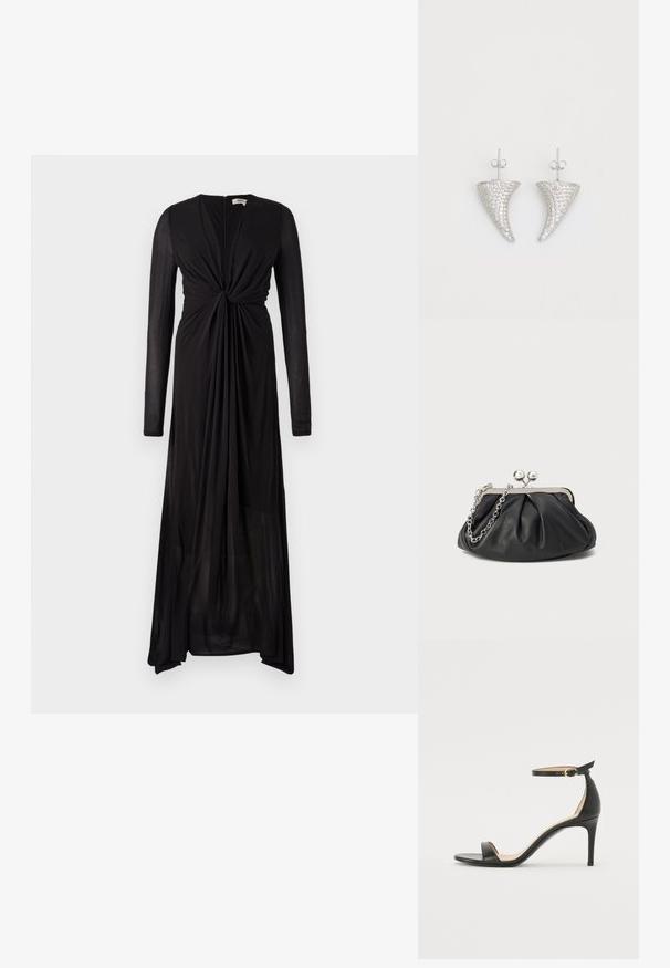 Vestido negro de manga larga con detalle de nudo en el frente y tejido fluido. Presenta un escote en V profundo y un dobladillo gradual para un caído elegante.; Sándalo de tacón alto de piel negra con tiras en el tobillo. Presenta una textura suave, puntera abierta y un tacón delgado. Detalles de hebilla en tono dorado.; Clutch de cuero negro con textura arrugada, marco de metal en tono plateado, cierre de beso y cadena para colgar. Superficie suave y lisa.; Pendientes en forma de cuerno plateado, engastados con pequeñas piedras transparentes, que cuentan con un cierre trasero para su sujeción. Textura suave y acabado metálico.