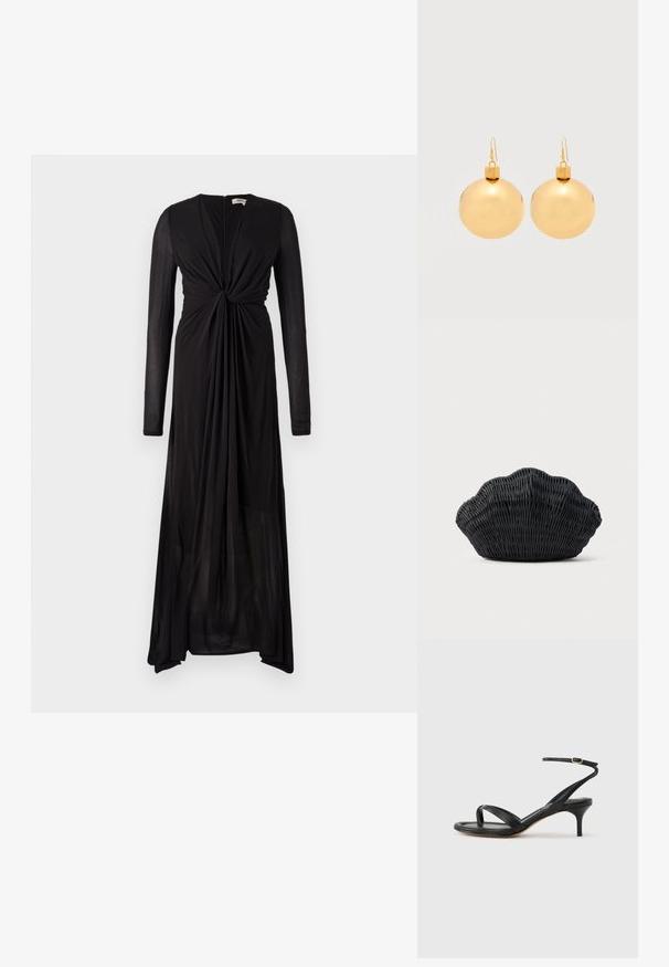 Vestido negro de manga larga con detalle de nudo en el frente y tejido fluido. Presenta un escote en V profundo y un dobladillo gradual para un caído elegante.; Sandalia negra de cuero para mujer con tiras finas, un lazo para el dedo del pie, hebilla en el tobillo y tacón de aguja de altura media sobre un fondo neutro.; Bolso de mimbre negro con forma de concha de vieira con parte superior curva y textura tejida sobre un fondo liso.; Par de pendientes de bola navideña dorados brillantes con cierre de gancho sobre un fondo blanco liso.