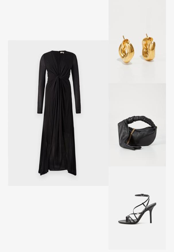 Robe noire à manches longues avec un détail de devant noué et un tissu fluide. Présente un décolleté en V profond et un ourlet progressif pour un drapé élégant.; Sandale noire à talons hauts avec des brides fines, une boucle à la cheville, une surface en cuir lisse et un talon aiguille élancé.; Sac en cuir noir avec une poignée torsadée, accent en chaîne dorée et forme arrondie. Présente une texture lisse et une fermeture éclair.; Boucles d'oreilles créoles en or massif avec un design tubulaire légèrement tordu et des fermoirs à tige sur un fond blanc.