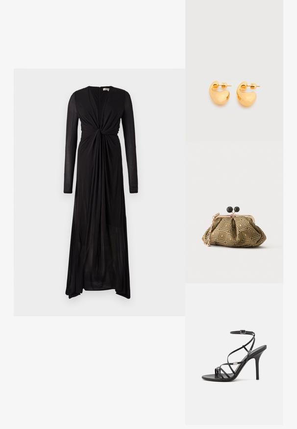 Robe noire à manches longues avec un détail de devant noué et un tissu fluide. Présente un décolleté en V profond et un ourlet progressif pour un drapé élégant.; Sandale noire à talons hauts avec des brides fines, une boucle à la cheville, une surface en cuir lisse et un talon aiguille élancé.; Petite pochette avec motif géométrique doré et noir, cadre en métal doré, fermeture à boule noire et une courte chaîne dorée.; Paire de petites boucles d'oreilles clous épaisses en métal doré avec des formes lisses, courbes et abstraites sur un fond clair.