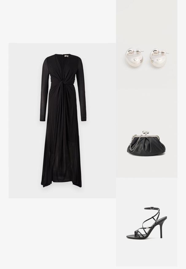 Zwarte jurk met lange mouwen, knoopdetail aan de voorkant en vloeiende stof. Beschikt over een diepe V-hals en een geleidelijke zoom voor een elegante draping.; Zwarte hoge hakken sandaal met dunne banden, een enkelgesp, een gladleren oppervlak en een slanke stilettohak.; Zwarte leren clutch met geplooide textuur, zilverkleurig metalen frame, drukknopsluiting en kettingriem. Glad, zacht oppervlak.; Een paar glanzende zilveren dikke creolen met post-sluitingen op een effen witte achtergrond.