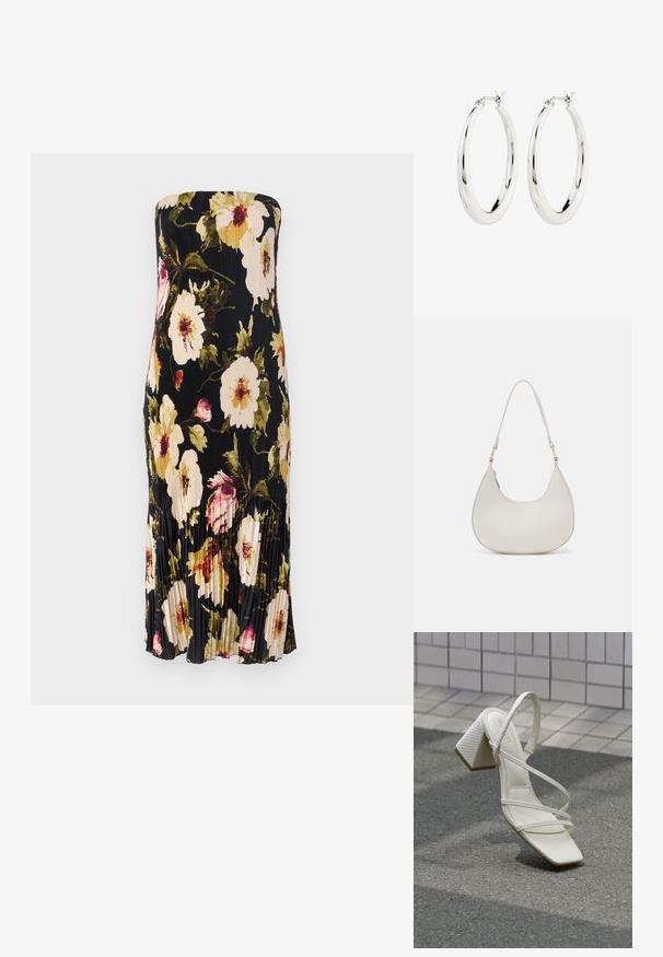 Strapless zwart bovenkleed met een geplooid ontwerp, voorzien van grote bloemenpatronen in roomkleur, roze en groen. Onder de knie in lengte met subtiele ruches.; Witte sandaal met blokhak, gekruiste bandjes, gestructureerd bovenwerk en een puntige neus. Zachte binnenvoering en een gladde buitenzool.; Crème leren schoudertas met een halve maan vorm, dunne schouderband en subtiele stiksels. Minimalistisch ontwerp met gouden hardware accenten.; Zilveren oorbellen in de vorm van een gladde, glanzende ring. Circulaire vorm, voorzien van een veilige sluiting. Eenvoudig en elegant ontwerp.