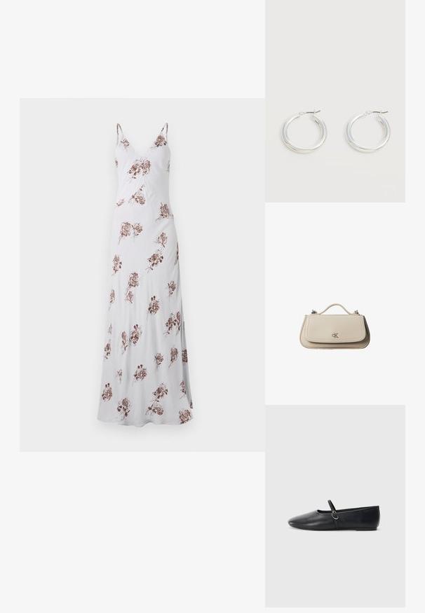 Robe blanche longue avec des fines bretelles, ornée d'un motif floral brun. Fabriquée en tissu lisse, elle possède un décolleté en V et une silhouette fluide.; Ballerines noires en cuir avec un bout pointu, une semelle plate et une petite sangle avec un détail de boucle en argent.; Petit sac à main en cuir beige avec poignée supérieure et logo CK argenté sur le rabat avant, présenté sur fond blanc.; Paire de boucles d'oreilles créoles moyennes argentées brillantes avec de fines attaches métalliques sur un fond clair et neutre.