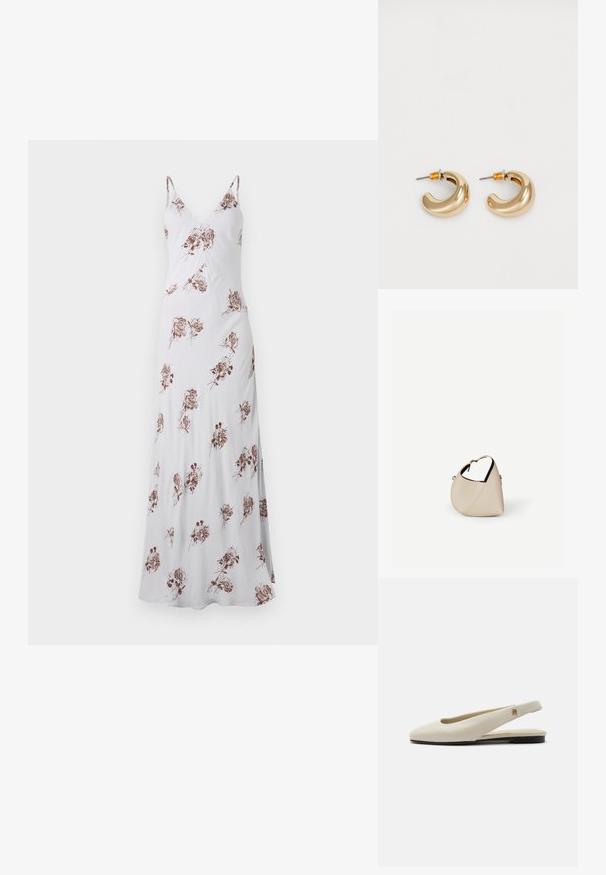 Lange witte jurk met dunne bandjes, voorzien van een bloemenpatroon in bruin. Gemaakt van een gladde stof, heeft het een V-halslijn en een vloeiende silhouet.; Crèmekleurige leren slingback platte schoen met ronde neus en klein gouden embleem op het bandje.; Beige leren handtas in halvemaanvorm met een enkele schouderband en minimale stiksels, afgebeeld tegen een effen witte achtergrond.; Twee glanzende gouden hoepel oorbellen in een gebogen ontwerp, met oranje accenten bij de oorpost, tegen een eenvoudige witte achtergrond.