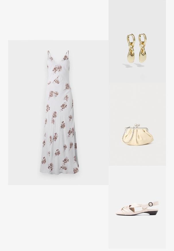 Lange witte jurk met dunne bandjes, voorzien van een bloemenpatroon in bruin. Gemaakt van een gladde stof, heeft het een V-halslijn en een vloeiende silhouet.; Beige damessandaal met lage hak, knoopdetail op de voorste band, enkelbandje met slingback en zwarte gesp op een witte achtergrond.; Geplooide beige leren clutch met een zilveren metalen frame, voorzien van twee ronde decoratieve sluitingen en een zilveren kettingriem.; Gouden creolen met een verbonden ontwerp en een gladde, druppelvormige accent. De reflecterende afwerking vergroot de visuele aantrekkingskracht.