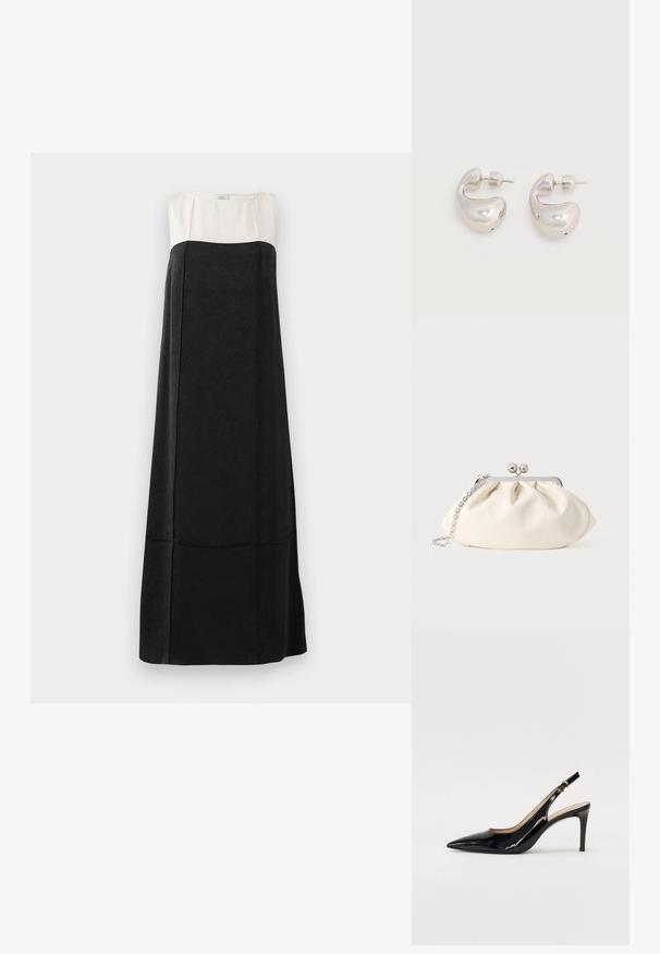 Robe maxi avec une partie inférieure noire texturée et une partie supérieure lisse blanche. Présente un col rond et une silhouette droite.; Pompe slingback en cuir verni noir avec un bout pointu, un talon fin et un design de découpes subtil. Elle dispose d'une boucle dorée sur la sangle.; Pochette en tissu crème avec un design froncé, cadre en métal argenté, deux boules décoratives, et une bandoulière chaîne argentée.; Paire de boucles d'oreilles créoles épaisses argentées brillantes avec tige et fermoirs à pression sur fond blanc uni.