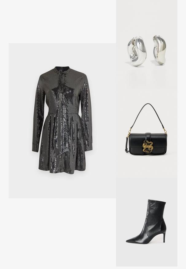 Robe noire à paillettes avec des manches longues et un col haut, présentant un corsage ajusté et une jupe évasée. Texture réfléchissante sur l'ensemble.; Bottes noires à la cheville en cuir lisse, dotées d'un bout pointu, d'un tige ajustée et d'un talon haut fin. Design minimaliste sans quincaillerie visible.; Sac à bandoulière en cuir noir avec fermoir double serpent en or et plaque logo "Just Cavalli" sur le rabat avant.; Boucles d'oreilles sculpturales en argent avec des formes douces et courbes et des surfaces réfléchissantes. Présentent un design de boucle fermée et une forme organique distincte.