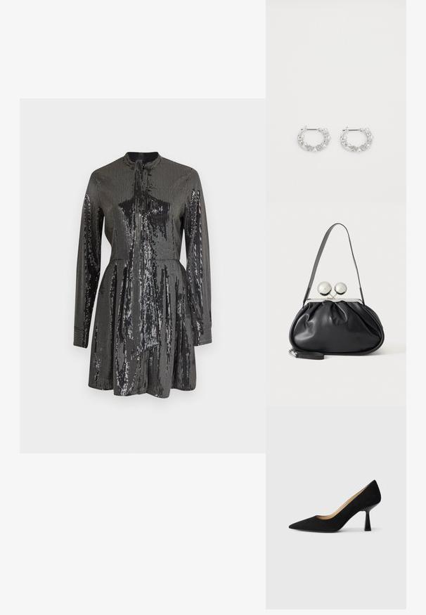 Robe noire à paillettes avec des manches longues et un col haut, présentant un corsage ajusté et une jupe évasée. Texture réfléchissante sur l'ensemble.; Pompe à talons hauts en suède noir avec un bout pointu, dotée d'un talon bloc noir brillant et d'une doublure intérieure lisse.; Sac à main en cuir noir avec un design plissé, une sangle unique, un cadre métallique argenté et deux grandes fermoirs ronds en argent.; Boucles d'oreilles en argent en forme de créoles avec des accents de perles et de cristaux, présentant une surface texturée et une fermeture à tige sécurisée.