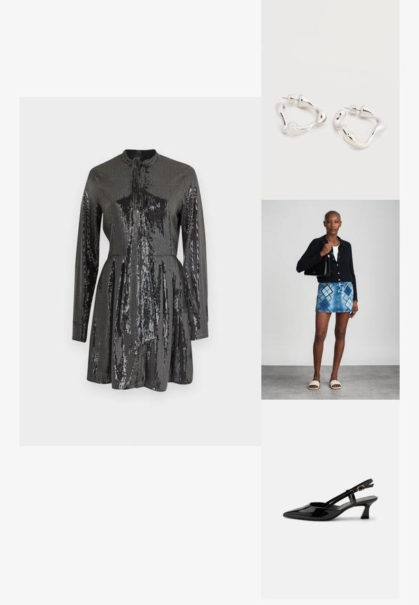 Sort pailetterklædning med lange ærmer og høj halsudskæring, der har en tætsiddende bodice og A-linjeet skørt. Reflekterende tekstur over hele overfladen.; Sort laklæderslingback med lille hæl, spids tå og justerbar guldlåsrem på hvid baggrund.; Sort striktrøje, hvid top, denimnederdel med blå og sort diamantmønster, sort håndtaske og beige slidesandaler.; Øreringe i sølvfarvet tone med uregelmæssig form og bagerste lukning med stift, placeret på en ensfarvet hvid overflade.