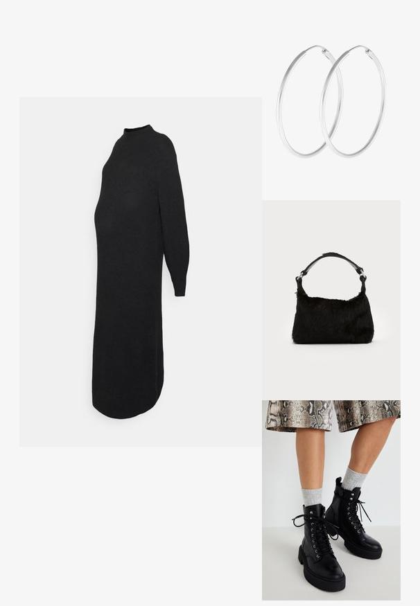 ONLY MATERNITY OLMLUCCA DRESS - Gebreide jurk - black; Steve Madden GUSTO - Enkellaarsjes met plateauzool - black; Zwarte neplederen handtas met een zachte textuur, ronde vorm en een stevige zwartleren schouderband. Zilveren hardwareaccenten zichtbaar.; Zilverkleurige oorringen met een gladde, ronde vorm en een gepolijste afwerking. Beide oorbellen zijn van dezelfde grootte en hebben een veilige sluitmechanisme.