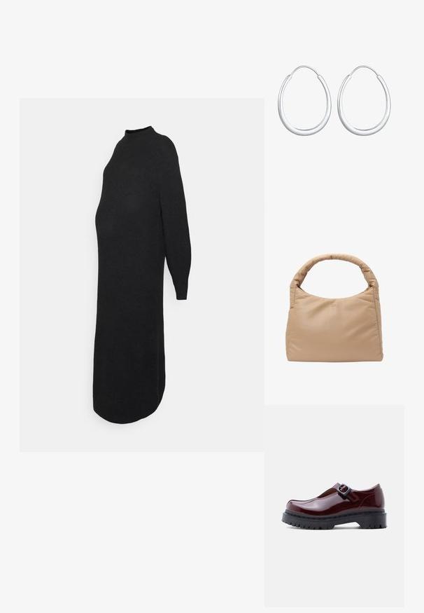 ONLY MATERNITY OLMLUCCA DRESS - Gebreide jurk - black; Bordeauxrode lakleren schoen met een ronde neus, verstelbare gesp en een dikke zwarte plateauzool met een geribbelde textuur.; Zachte, beige lederen handtas met gevoerde handgreep en gestructureerde rechthoekige vorm, weergegeven tegen een witte achtergrond.; Zilveren oorringen met een glad, gepolijst oppervlak. Hun cirkelvorm heeft een naadloos ontwerp en een minimalistische uitstraling.