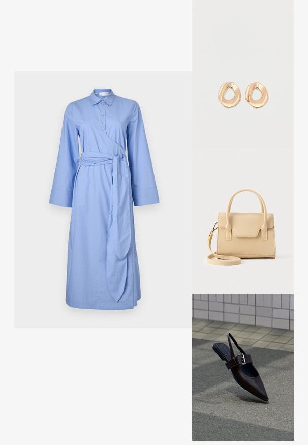 Blå bomuldskjole med kraveudskæring, lange ærmer, omslag-design og en knyttet talje-bånd, med en glat tekstur.; Mørkebrune flade slingback-sko med spids tå, bred rem og stor sølvspænde på asfalt nær flisebelagt væg.; Beige læderhåndtaske med et struktureret design, der har en topstrop, aftagelig rem og syninger som detaljer.; Par af uregelmæssigt formede, polerede øreringe i guldfarvet metal med åben midte på en ens hvid baggrund.