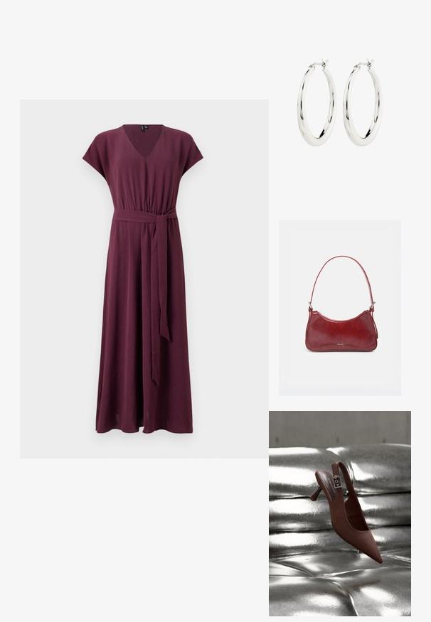 Vestido maxi de manga corta y escote en V en color burdeos oscuro, con tejido texturizado y un cinturón atado a la cintura para un ajuste ajustable.; Zapato slingback marrón con punta, tacón bajo y correa con hebilla, reposando sobre una superficie acolchada plateada metálica y brillante.; Pequeño bolso brillante de color rojo oscuro con una sola correa, cremallera plateada y logo "RAID" en el centro delantero.; Pendientes de aro de plata con un acabado suave y brillante. Forma circular, con un cierre seguro. Diseño sencillo y elegante.