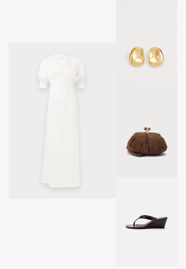 Weißes Maxikleid mit Puffärmel, tiefem V-Ausschnitt und gerafftem Oberteil. Glatter Stoff mit subtiler Glanz. Keine sichtbaren Verschlüsse oder Muster.; Braune Sandale mit Keilabsatz aus Lackleder mit Zehensteg und offenem Zehenbereich, seitlich auf einfarbigem Hintergrund gezeigt.; Weiche braune Wildleder-Handgelenktasche mit silbernem Metallrahmen und runden braunen Verschlusskugeln auf schlichtem hellem Hintergrund.; Goldfarbene Ohrstecker mit einer glatten, runden Form und einer reflektierenden Oberfläche, die ein minimalistisches Design ohne sichtbare Muster zeigen.