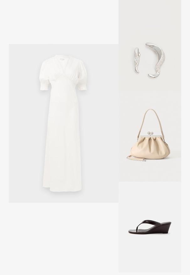 Witte maxi-jurk met pofmouwen, diepe V-hals en geplooide taille details. Soepele stof met een subtiele glans. Geen zichtbare sluitingen of patronen.; Bruine lakleren sleehaksandaal met teenslipperbandje en open teen, zijaanzicht tegen een effen achtergrond.; Beige zachte leren handtas met een zilveren metalen frame sluiting, een enkele schouderriem en een optionele kettingriem op een witte achtergrond.; Twee gebogen zilveren oorbellen, de één groter dan de ander, beide versierd met kleine fonkelende kristallen langs één rand.