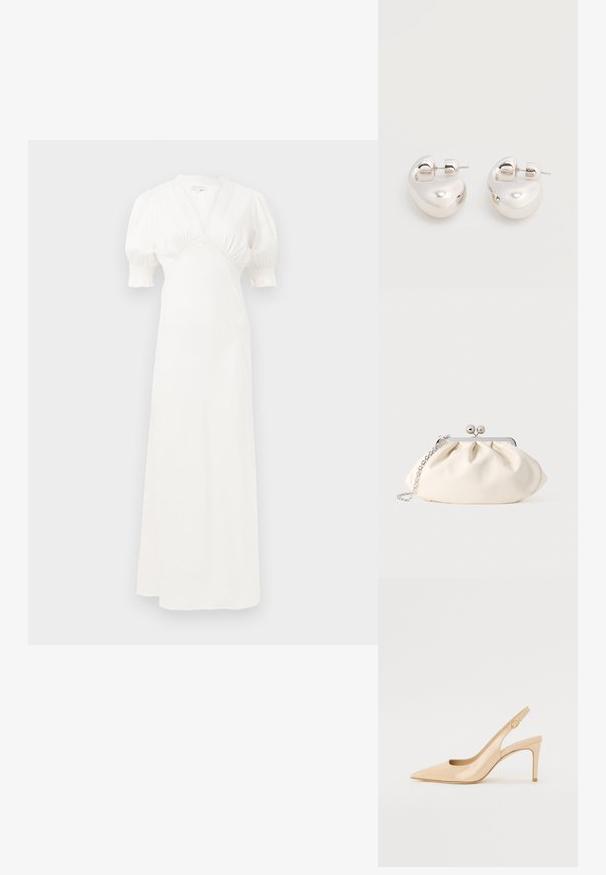 Hvid maxi kjole med puffærmer, dyb V-udskæring og sammensamlet talje detaljer. Glat stof med en subtil glans. Ingen synlige lukninger eller mønstre.; Nude patenteret læder slingback hæl med spidse tæer, åben vamp og en tynd stiletto hæl. Har et cirkulært guldfarvet element på remmen.; Cremefarvet stofclutch med et rynket design, sølv metalramme, to dekorative kugler og en sølvkæde som rem.; Par af skinnende sølv store øreringe med lukning på bagsiden mod en ensfarvet hvid baggrund.