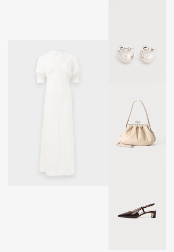 Vestido maxi blanco con mangas abullonadas, escote en V profundo y detalle de cuerpo fruncido. Tejido suave con un sutil brillo. Sin cierres visibles ni patrones.; Zapato slingback de cuero con textura de cocodrilo en marrón oscuro, puntera puntiaguda, tacón bajo de bloque y correa ajustable con hebilla dorada.; Bolso de mano de cuero suave beige con cierre de marco metálico plateado, una correa para el hombro y una correa de cadena opcional sobre un fondo blanco.; Par de pendientes llamativos de aro grueso plateado brillante con cierre de poste sobre un fondo blanco liso.