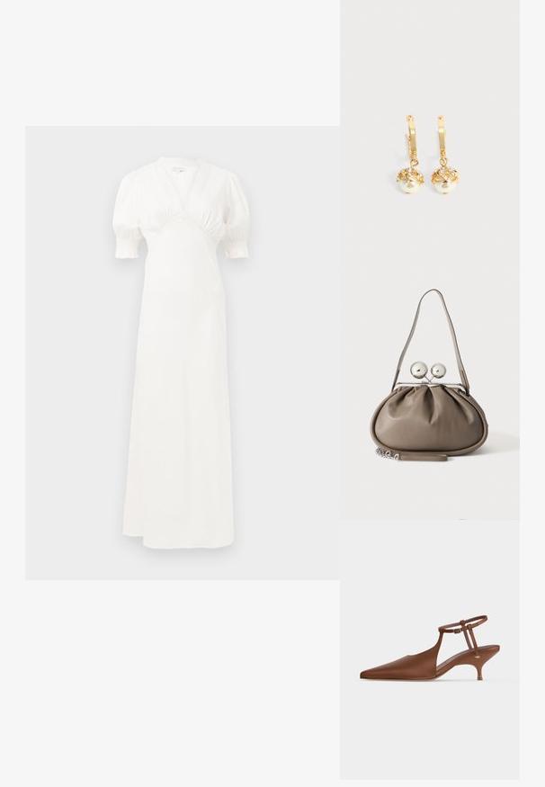 Vestido maxi blanco con mangas abullonadas, escote en V profundo y detalle de cuerpo fruncido. Tejido suave con un sutil brillo. Sin cierres visibles ni patrones.; Zapato marrón de satén con tira trasera, tacón bajo de estilo kitten, puntera en punta y hebilla ajustable en la correa del tobillo sobre fondo blanco.; Bolso de mano de cuero gris con forma redondeada, cierre superior con dos grandes esferas plateadas y una sola asa de correa.; Pendientes de aro dorados con perlas blancas colgantes encerradas en oro y pequeños cristales transparentes sobre un fondo claro y liso.