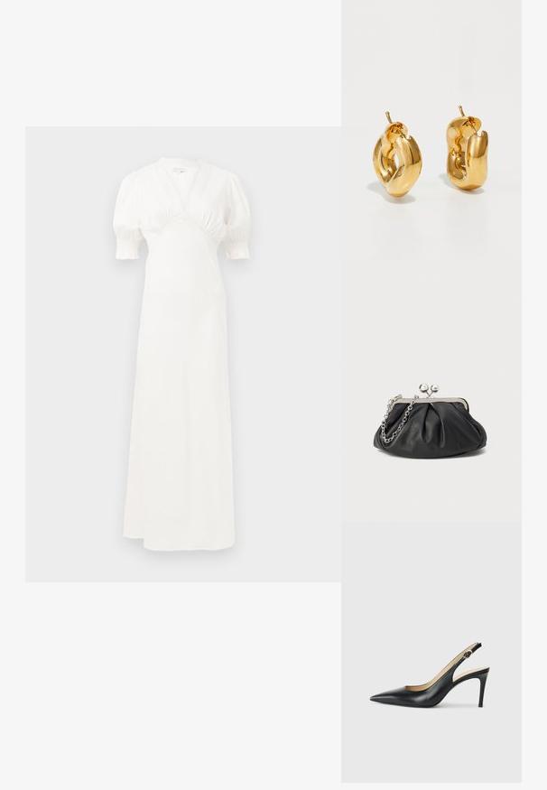 Weißes Maxikleid mit Puffärmel, tiefem V-Ausschnitt und gerafftem Oberteil. Glatter Stoff mit subtiler Glanz. Keine sichtbaren Verschlüsse oder Muster.; Schwarze Leder-Slingback-High-Heels mit spitzem Zehenbereich, verstellbarem Riemen und schlankem Stiletto-Absatz, ausgestattet mit einer glatten Oberfläche.; Schwarze Leder-Clutch mit geraffter Textur, silberfarbener Metallrahmen, Druckverschluss und Kettenriemen. Glatte, weiche Oberfläche.; Fette goldene Creolen mit einem leicht verdrehten, röhrenförmigen Design und Steckverschlüssen auf einem weißen Hintergrund.
