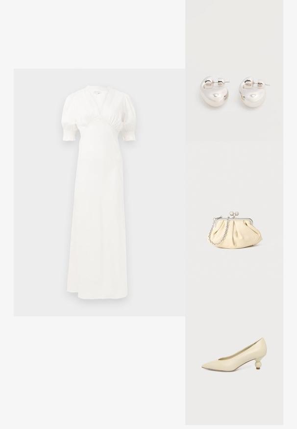 Vestido maxi blanco con mangas abullonadas, escote en V profundo y detalle de cuerpo fruncido. Tejido suave con un sutil brillo. Sin cierres visibles ni patrones.; Zapato de mujer color crema con punta afilada y tacón bajo, con tacón redondo en forma de bola, sobre un fondo liso.; Clutch de cuero beige plisado con un marco de metal plateado, que cuenta con dos broches decorativos redondos y una correa de cadena plateada.; Par de pendientes llamativos de aro grueso plateado brillante con cierre de poste sobre un fondo blanco liso.