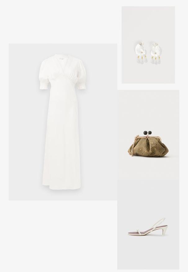 Hvid maxi kjole med puffærmer, dyb V-udskæring og sammensamlet talje detaljer. Glat stof med en subtil glans. Ingen synlige lukninger eller mønstre.; Hvide slingback sandaler med en let hæl, tynde stropper og en glat læderoverflade; har en lille dekorativ spænde.; Lille clutch taske med gyldent og sort geometrisk mønster, guldfarvet metalramme, sort kuglelås og en kort guldkæde som rem.; Gennemsigtige øreringe i skalform af harpiks med små gyldne accenter og tre hængende gennemsigtige dråbeformede charms på hver ørering.