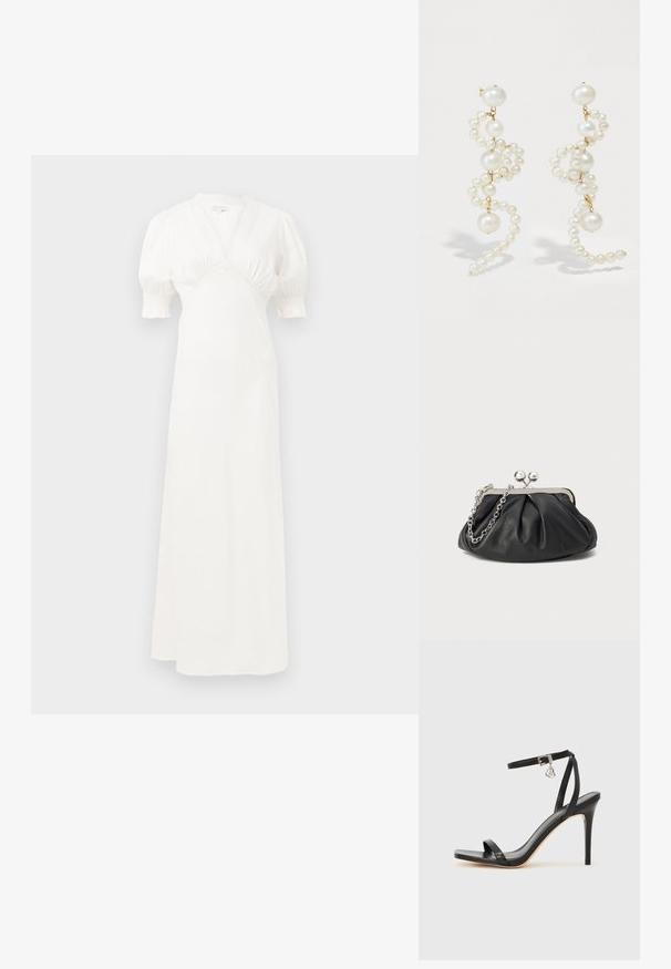 Weißes Maxikleid mit Puffärmel, tiefem V-Ausschnitt und gerafftem Oberteil. Glatter Stoff mit subtiler Glanz. Keine sichtbaren Verschlüsse oder Muster.; Schwarze High-Heel-Sandale mit schmalem Knöchelriemen, quadratischer Zehenbox, glattem Leder und metallischem Schnallenakzent.; Schwarze Leder-Clutch mit geraffter Textur, silberfarbener Metallrahmen, Druckverschluss und Kettenriemen. Glatte, weiche Oberfläche.; Weiße Perlenohrringe mit einem wendenden Design, das verschiedene Größen von Perlen und goldene Akzente aufweist. Glatte Textur und eleganter Formen.
