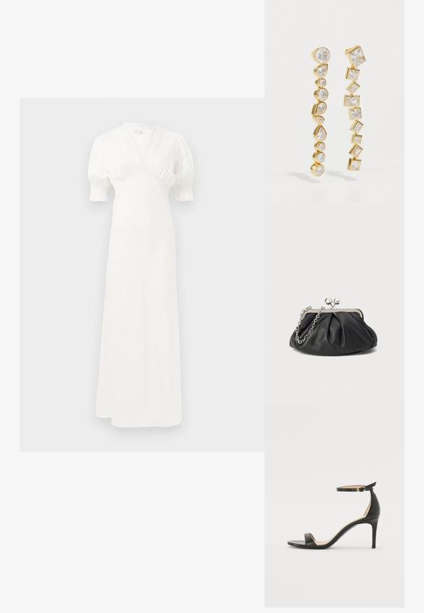 Weißes Maxikleid mit Puffärmel, tiefem V-Ausschnitt und gerafftem Oberteil. Glatter Stoff mit subtiler Glanz. Keine sichtbaren Verschlüsse oder Muster.; Schwarze Leder-high-heeled Sandale mit Knöchelriemen. Verfügt über eine glatte Textur, offene Zehen und einen dünnen Absatz. Goldfarbener Schnallenakzent.; Schwarze Leder-Clutch mit geraffter Textur, silberfarbener Metallrahmen, Druckverschluss und Kettenriemen. Glatte, weiche Oberfläche.; Goldohrringe mit klaren Steinen in verschiedenen Formen, darunter runde, Birnen- und quadratische Schliffe, angeordnet in zwei unterschiedlichen Linienmustern.