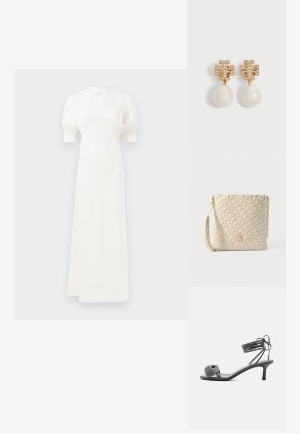 Witte maxi-jurk met pofmouwen, diepe V-hals en geplooide taille details. Soepele stof met een subtiele glans. Geen zichtbare sluitingen of patronen.; Grijze leren sandaal met hak, voorzien van een geknoopte band bij de tenen en wikkellinten rond de enkel op een slanke sandaal met een middenhoge hak, tegen een witte achtergrond.; Geweven beige leren schoudertas met een platte vorm, verstelbare band en een goudkleurig logo-accent aan de voorkant.; Goudkleurige oorknopjes met een kruisontwerp bezet met kristallen en grote witte pareldruppels op een witte achtergrond.