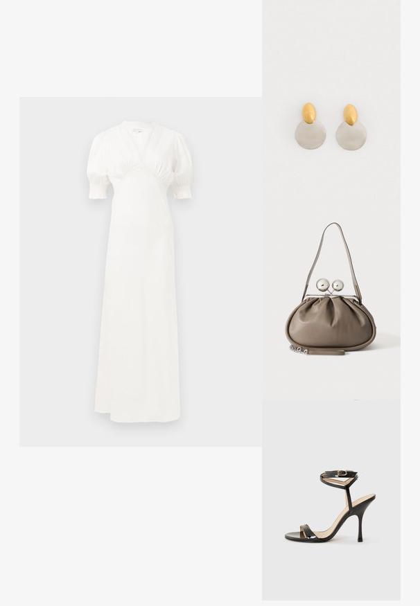 Vestido maxi blanco con mangas abullonadas, escote en V profundo y detalle de cuerpo fruncido. Tejido suave con un sutil brillo. Sin cierres visibles ni patrones.; Sandalia de tacón alto de charol negro con tira delgada en el tobillo y hebilla, punta abierta y tacón aguja esbelto sobre fondo blanco.; Bolso de mano de cuero gris con forma redondeada, cierre superior con dos grandes esferas plateadas y una sola asa de correa.; Pendientes de metal dorado y plateado con base de disco redondo y pieza superior ovalada, textura suave y acabado pulido.