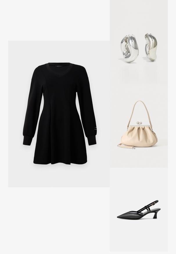 Schwarzes langärmliges Kleid mit V-Ausschnitt, tailliertem Schnitt, ausgestelltem Rock und gerippten Bündchen, auf einem schlichten weißen Hintergrund präsentiert.; Schwarzer spitzer Slingback-Schuh mit Mesh-Obermaterial, dünnen Riemen, goldener Schnalle und niedrigem, geschwungenem Absatz auf weißem Hintergrund.; Beige weiche Lederhandtasche mit silbernem Metallrahmenverschluss, einem Schulterriemen und einem optionalen Kettenriemen auf weißem Hintergrund.; Silberne skulpturale Ohrringe mit glatten, geschwungenen Formen und reflektierenden Oberflächen. Sie verfügen über ein geschlossenes Ringdesign und eine ausgeprägte organische Form.