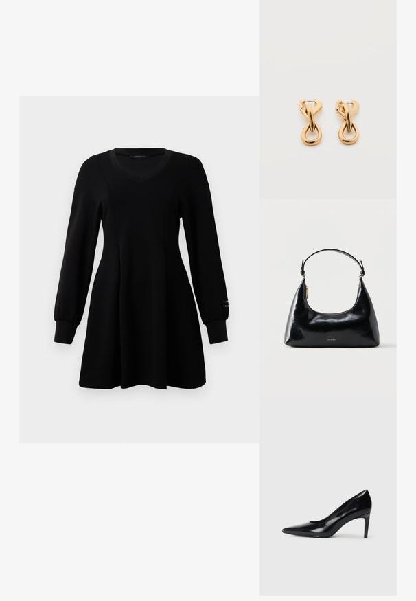 Vestido negro de manga larga con escote en V, cintura ajustada, falda acampanada y puños acanalados, expuesto sobre un fondo blanco liso.; Zapato de tacón alto de cuero negro con punta afilada, textura suave y tacón en forma de cono. Diseño minimalista, sin adornos adicionales.; Bolso negro brillante de Calvin Klein con cremallera dorada y correa corta sobre un fondo blanco liso.; Par de pendientes de aro con acabado dorado brillante sobre fondo blanco liso, con diseño entrelazado y torsionado.