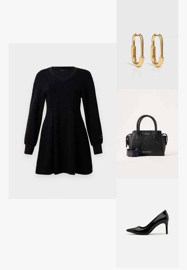 Zwart langekorte jurk met V-hals, aansluitende taille, uitlopende rok en ribgebreide manchetten, gepresenteerd op een plain witte achtergrond.; Zwarte lakleren hoge hakpumps met een spitse neus en slanke silhouet, met een gladde textuur en minimalistisch ontwerp.; Zwarte Armani Exchange handtas met dubbele handvatten, gouden merklogo aan de voorkant en een brede zwarte verstelbare schouderriem met Armani-tekst.; Gouden metalen creolen met een langwerpige ovale vorm, voorzien van een gladde, gepolijste oppervlakte en een kleine scharnier voor bevestiging.