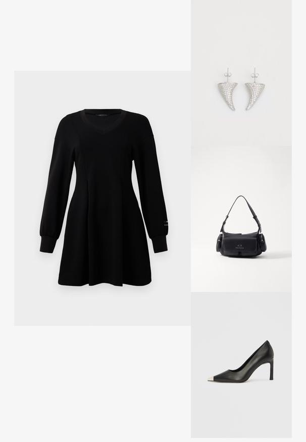 Vestido negro de manga larga con escote en V, cintura ajustada, falda acampanada y puños acanalados, expuesto sobre un fondo blanco liso.; Zapato de tacón alto de cuero negro con punta en forma de pico y una tapa metálica plateada. Presenta un acabado suave y un tacón delgado de 10 cm.; Bolso de mano de cuero negro con una sola correa para el hombro, cuenta con un bolsillo con solapa en la parte frontal y compartimentos con cremallera a los lados. Textura suave con detalle del logotipo.; Pendientes en forma de cuerno plateado, engastados con pequeñas piedras transparentes, que cuentan con un cierre trasero para su sujeción. Textura suave y acabado metálico.