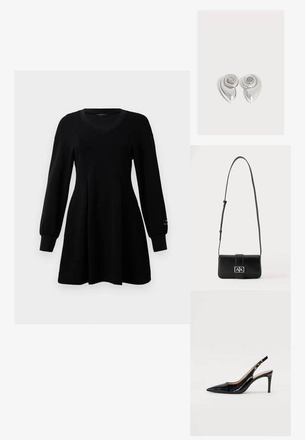 Zwart langekorte jurk met V-hals, aansluitende taille, uitlopende rok en ribgebreide manchetten, gepresenteerd op een plain witte achtergrond.; Zwarte gepatineerde leren slingback pump met een puntige neus, slanke hak en een subtiel uitgesneden ontwerp. Bevat een gouden gesp op de band.; Zwarte leren schoudertas met verstelbare riem en zilveren rechthoekige gesp met de letters A en X op een effen achtergrond.; Paar glanzende zilverkleurige metalen oorbellen met een spiraalvormig ontwerp en een cirkelvormige steen in het midden op een effen witte achtergrond.